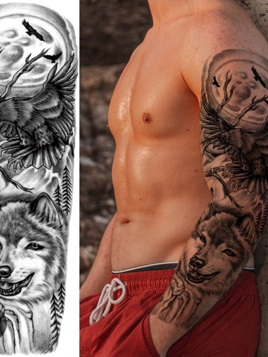 Other - Black and Gray Wolf & Raven Full Sleeve Temporary Tattoo